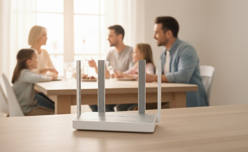 Router KEENETIC Hopper DSL Widok z góry na dłonie trzymające biały router, na którego obudowie naklejona jest etykieta z parametrami technicznymi, obok leży opakowanie i akcesoria