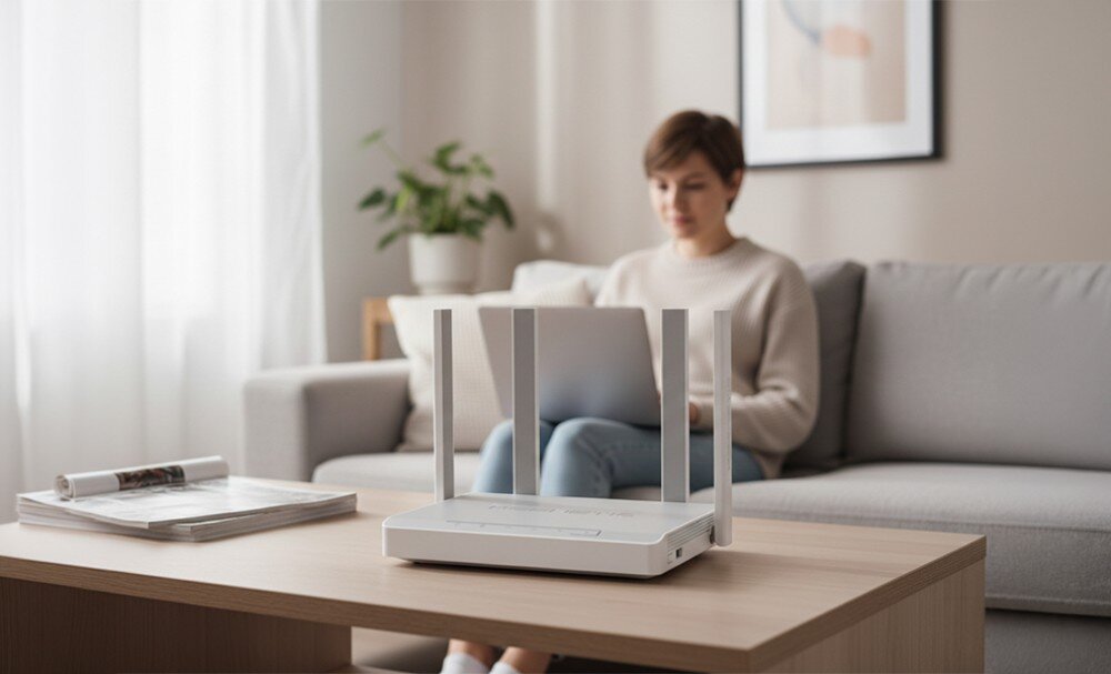 Router KEENETIC Hopper DSL Biały router z czterema antenami stoi na drewnianym stole w jasnym, nowoczesnym salonie z widoczną w tle sofą, oknem i roślinami na parapecie