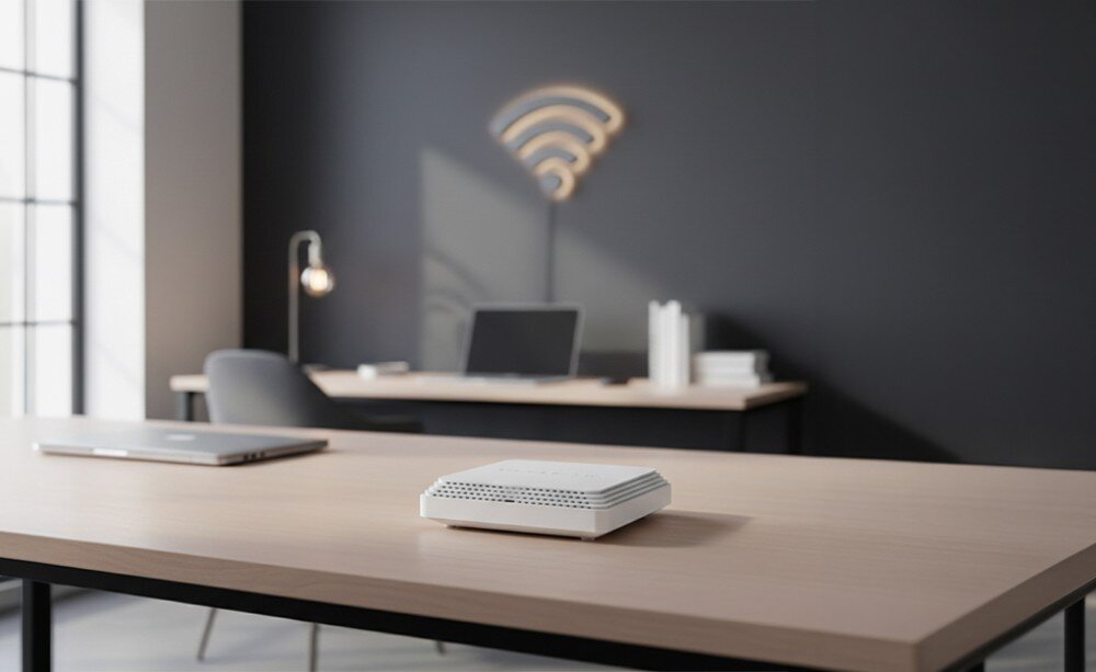 Router KEENETIC Hopper SE Kwadratowe urządzenie sieciowe o żebrowanej obudowie stoi na biurku w nowoczesnym gabinecie, gdzie w rozmytym tle widać laptopa oraz świecący symbol Wi-Fi na ścianie