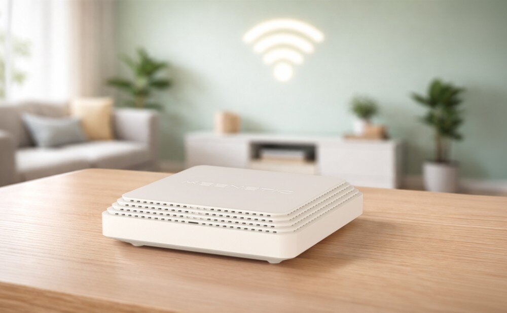 Router KEENETIC Hopper SE Żebrowany router bez anten zewnętrznych znajduje się na krawędzi drewnianego stołu, a w tle widać jasny salon z sofą i roślinami doniczkowymi oraz świetlny znak Wi-Fi