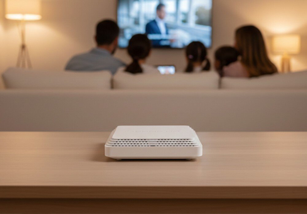 Router KEENETIC Hopper SE Białe urządzenie sieciowe stoi na pierwszym planie na drewnianym blacie, podczas gdy w tle na kanapie siedzi rodzina oglądająca telewizję w przytulnym salonie