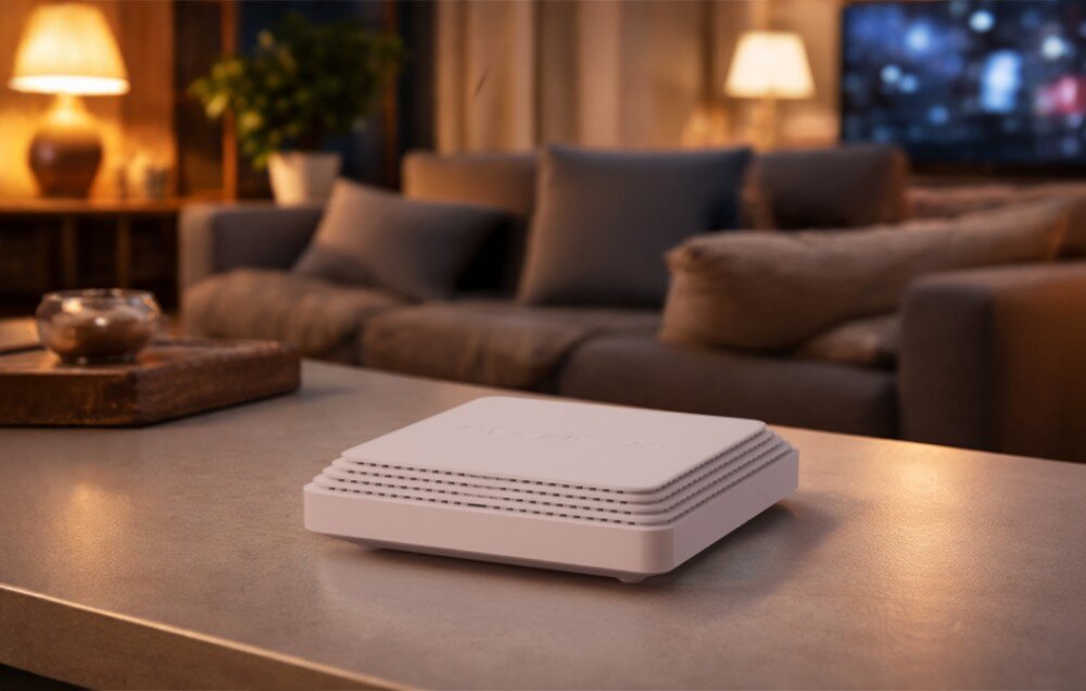 Router KEENETIC Hopper SE Kwadratowy router o nowoczesnym kształcie leży na niskim stoliku w ciepło oświetlonym pokoju, w tle widoczna jest miękka sofa i lampa stojąca