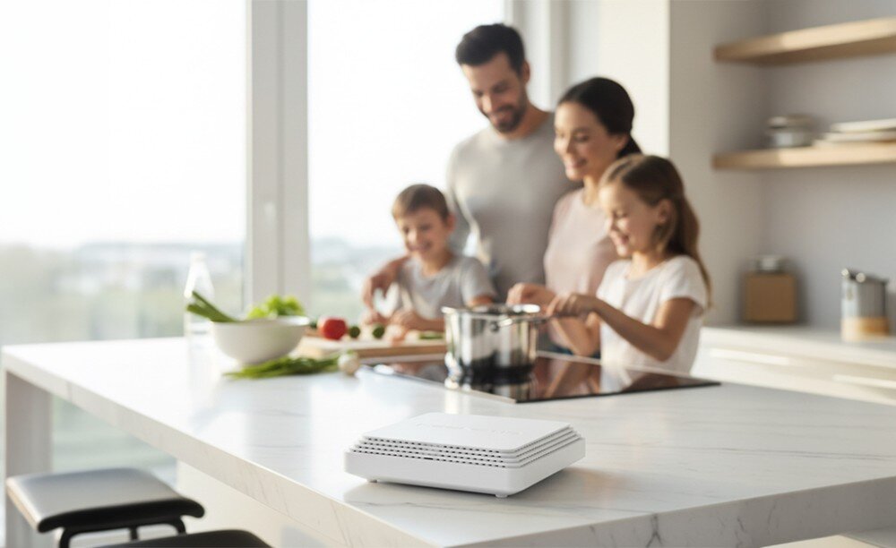 Router KEENETIC Hopper SE Białe urządzenie o płaskim profilu stoi na marmurowym blacie kuchennym, a w tle rodzina wspólnie przygotowuje posiłek w jasnej kuchni