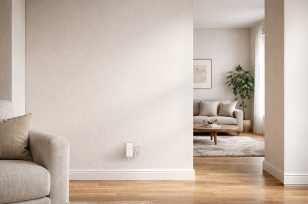 Wzmacniacz sieci KEENETIC Buddy 6 SE Jasne wnętrze z białym urządzeniem na ścianie, po lewej fragment fotela, a w tle salon z sofą i rośliną