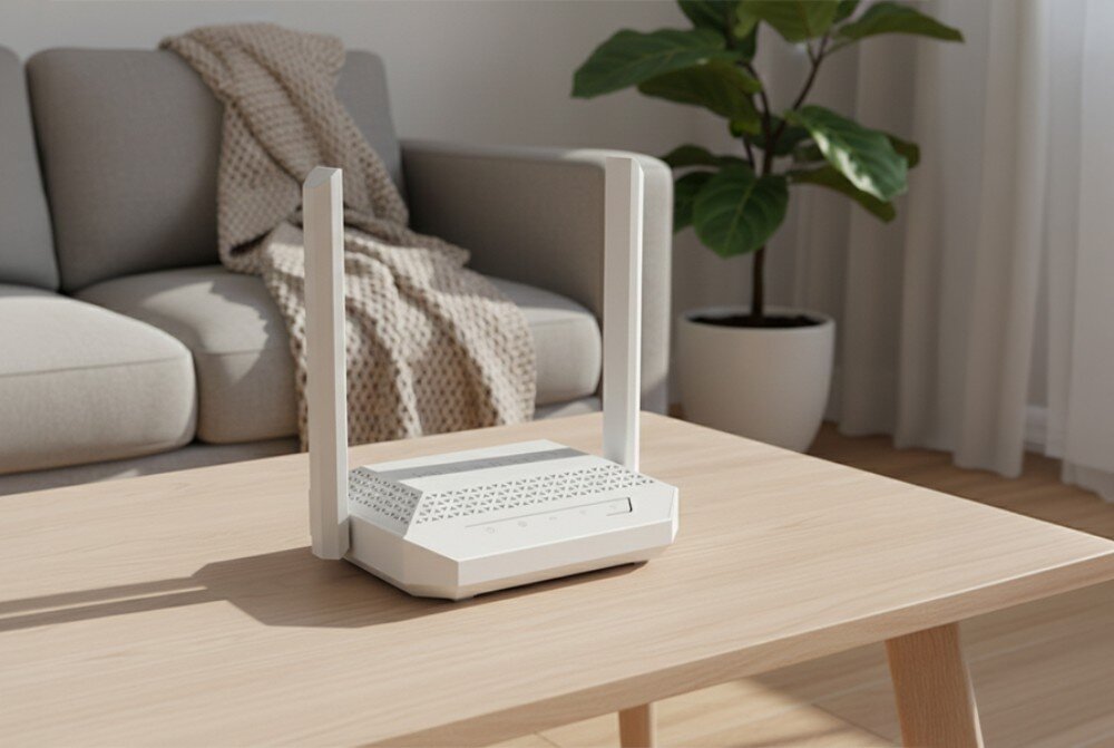 Router KEENETIC Racer Biały router z dwiema antenami znajduje się na jasnym stole, w tle widać szarą kanapę z beżowym kocem oraz roślinę w białej doniczce