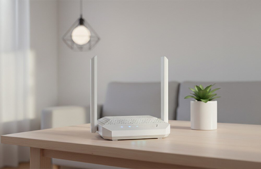 Router KEENETIC Racer Urządzenie z dwiema antenami stoi na drewnianym blacie obok małego kaktusa w białej doniczce, a w tle widać szarą sofę i geometryczną lampę