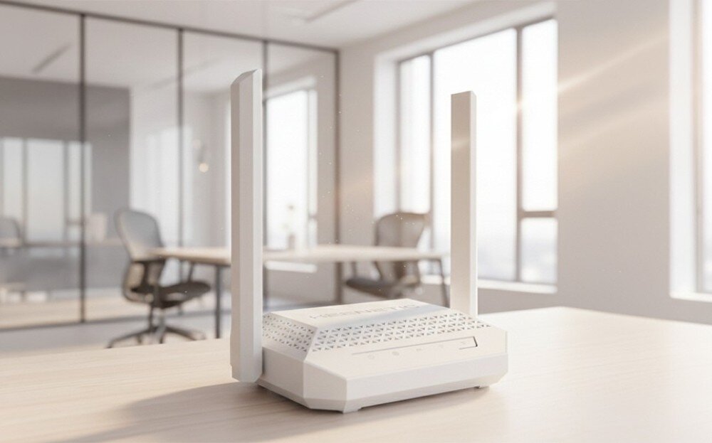 Router KEENETIC Racer Biały router z dwiema pionowymi antenami ustawiony na biurku w jasnym biurze z przeszklonymi ścianami i widocznymi w oddali fotelami biurowymi