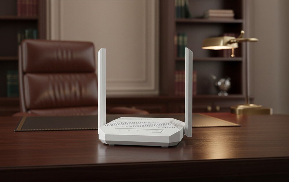 Router KEENETIC Racer Urządzenie sieciowe z dwiema antenami na ciemnym, drewnianym biurku w klasycznym gabinecie z brązowym skórzanym fotelem i regałem pełnym książek