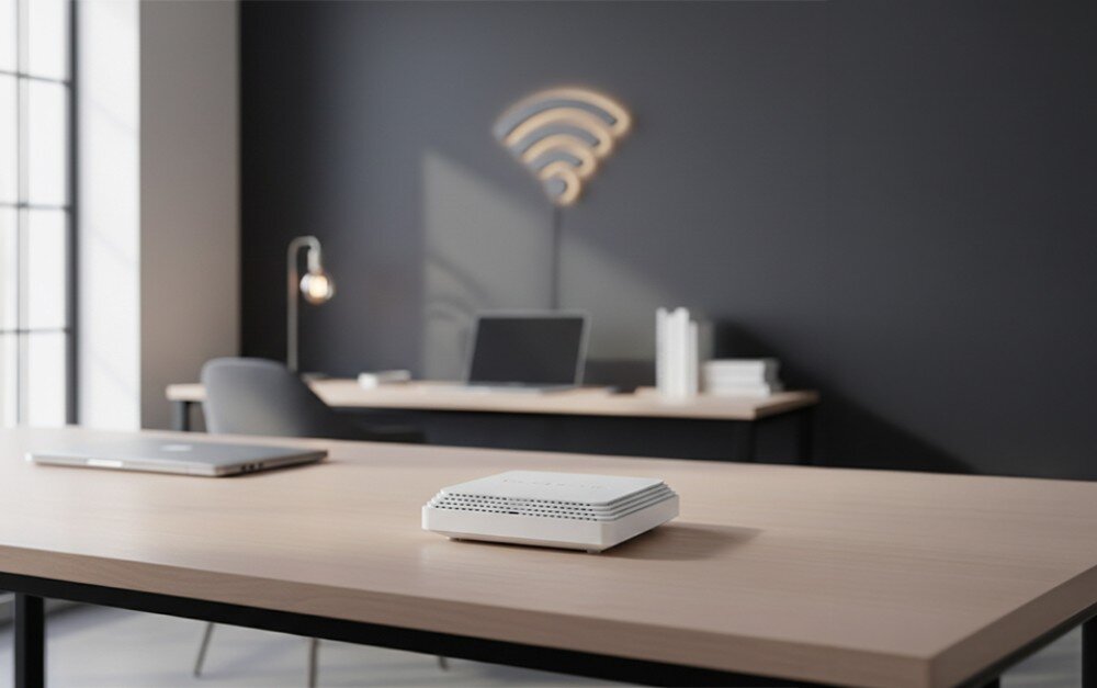 Router KEENETIC Challenger SE Białe kwadratowe urządzenie na drewnianym biurku w biurze z widocznym w tle drugim stanowiskiem pracy