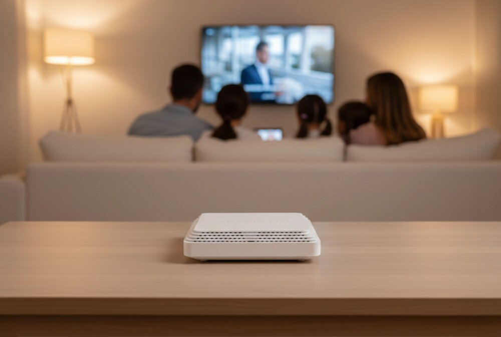 Router KEENETIC Challenger SE Białe kwadratowe urządzenie na stole na pierwszym planie oraz dorośli z dziećmi siedzący na kanapie w tle