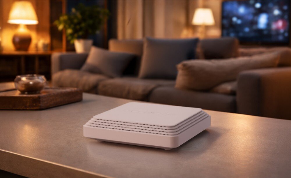Router KEENETIC Challenger SE Białe kwadratowe urządzenie na szarym blacie stolika w salonie oświetlonym ciepłym światłem lamp