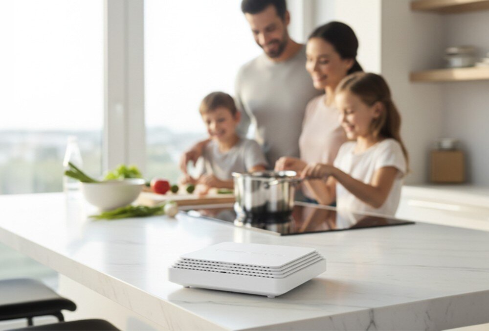 Router KEENETIC Challenger SE Białe kwadratowe urządzenie na marmurowym blacie kuchennym oraz dorośli z dziećmi przygotowujący posiłek w tle