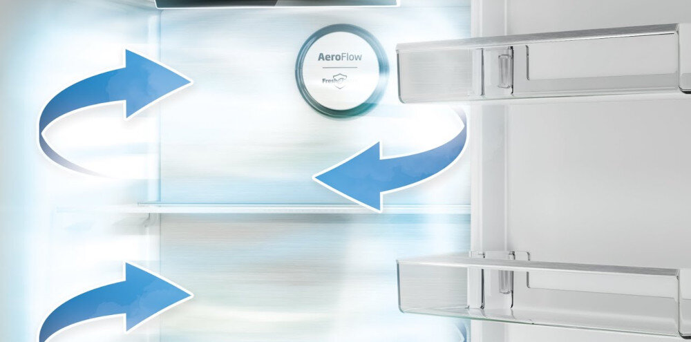 LODÓWKA BEKO BCNE400E40SN wizualizacja kierunki strzałki wnętrze rozprowadzanie powietrza System chłodzenia AeroFlow