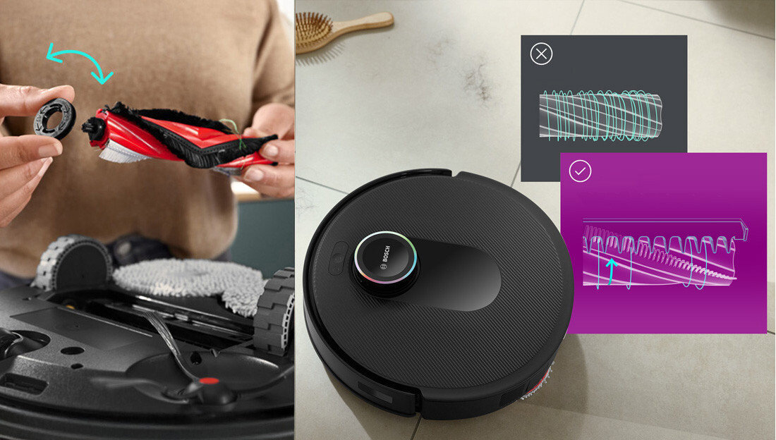 Robot sprzątający BOSCH BCRDW3BAB Nieprzerwane sprzątanie Funkcja zapobiegająca plątaniu zbiera sierść i włosy szybkie, dokładne i higieniczne sprzątanie
