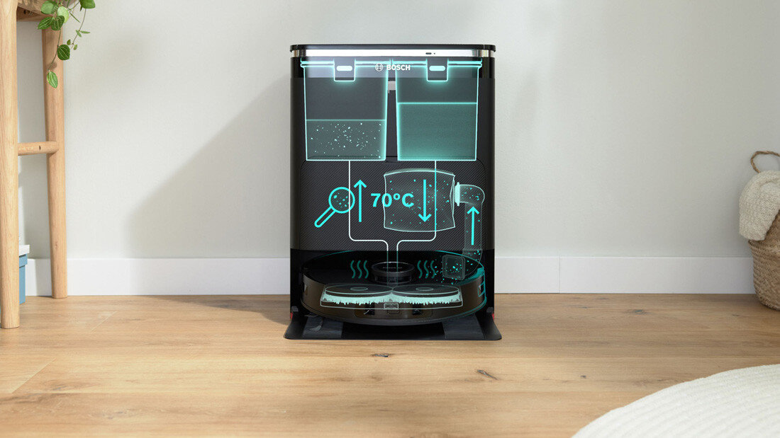 Robot sprzątający BOSCH BCRDW3BAB Stacja czyszcząca Dry-Wet bezproblemowe i higieniczne działanie automatycznie opróżnia pojemnik na kurz pojemność stacja myje nakładki mopujące w temperaturze 70°C Wbudowany czujnik automatycznie uruchamia dodatkowy cykl czyszczenia