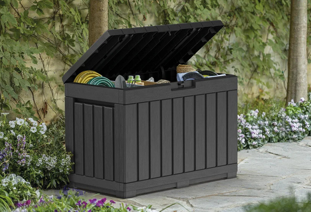 Skrzynia ogrodowa KETER Kentwood Box 0 259152 190L Grafit wymiary 82,3 x 45,7 x 57,7 cm pojemnosc 190 litrow silowniki