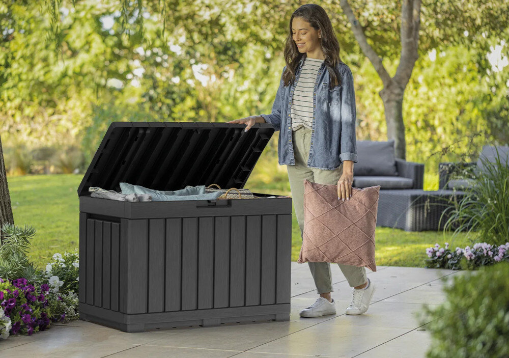 Skrzynia ogrodowa KETER Kentwood Box 0 259152 190L Grafit estetyczne wykonczenie wytrzymale materialy wysoka odpornosc na skrajne warunki atmosferyczne nie odbarwia sie