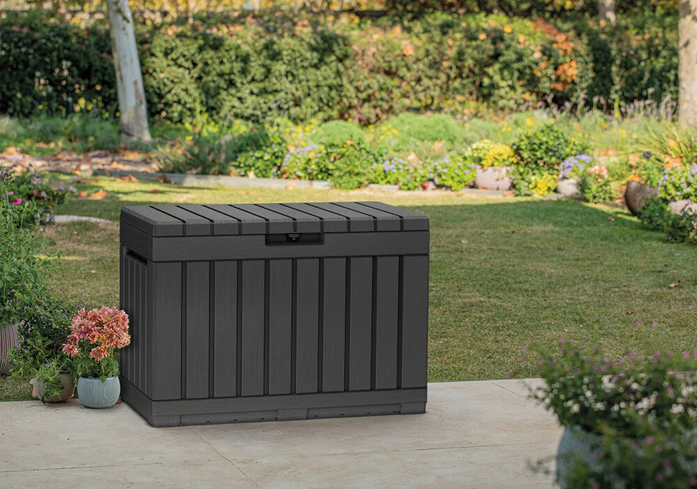Skrzynia ogrodowa KETER Kentwood Box 0 259152 190L Grafit latwe utrzymanie czystosci nie butwiej nie rdzewieje nie luszczy sie