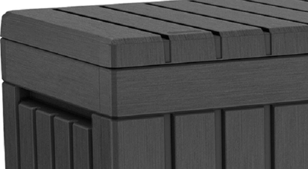 Skrzynia ogrodowa KETER Kentwood Box 0 259152 190L Grafit maksymalne obciazenie wewnetrzne do 75 kg wbudowane uchwyty system JUST CLICK AND GO montaz na zatrzaski narzedzia do montazu silownikow intuicyjny montaz