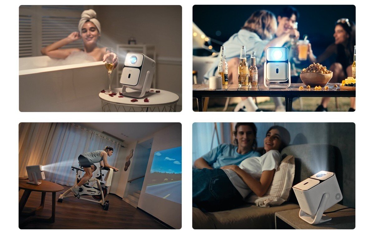 Projektor WANBO T2 Ultra - Design i funkcjonalność,  Kompaktowa i lekka konstrukcja, Duży zakres regulacji kąta, 4 kadry projektora w różnych sytuacjach domowych