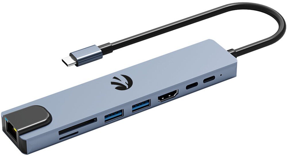 Hub HAWK HW-HUB801 8w1 Zbliżenie na hub USB-C w kolorze niebieskoszarym, prezentujący jego konstrukcję i rozmieszczenie portów, przeznaczenie, podłączenie, zalety