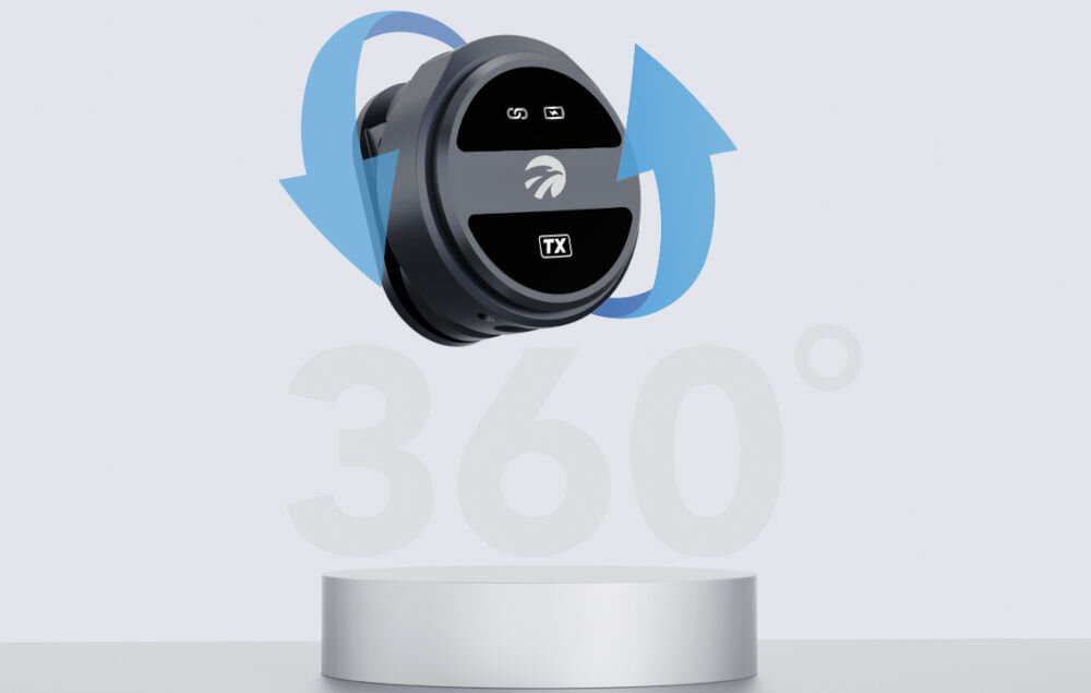 Mikrofon HAWK HW-MIC101 prezentacja mikrofonu strzałki wokół niego pod spodem napis 360° na podstawce jasne tło mikrofon 360° spójny wyraźny dźwięk wysoka czułość zbiera głos bez zniekształceń vlog podcast wywiady spotkania online