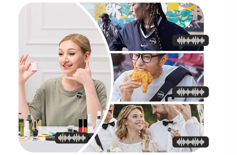 Mikrofon HAWK HW-MIC101 prezentacja mikrofonu w różnych sytuacjach podczas makijażu tańca jedzenia wesela technologia 2.4 GHz płynny przesył dźwięku z niskim opóźnieniem ≤30 ms ułatwia pracę przy transmisjach zasięg do 30 metrów odporność na zakłócenia