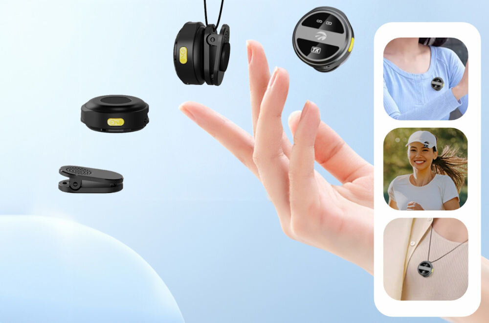 Mikrofon HAWK HW-MIC101 pokazanie możliwych opcji montażu mikrofonu niebieskie tło magnetyczny klips przypięcie do ubrania wygodne rozwiązanie smycz do zawieszenia na szyi swoboda komfort