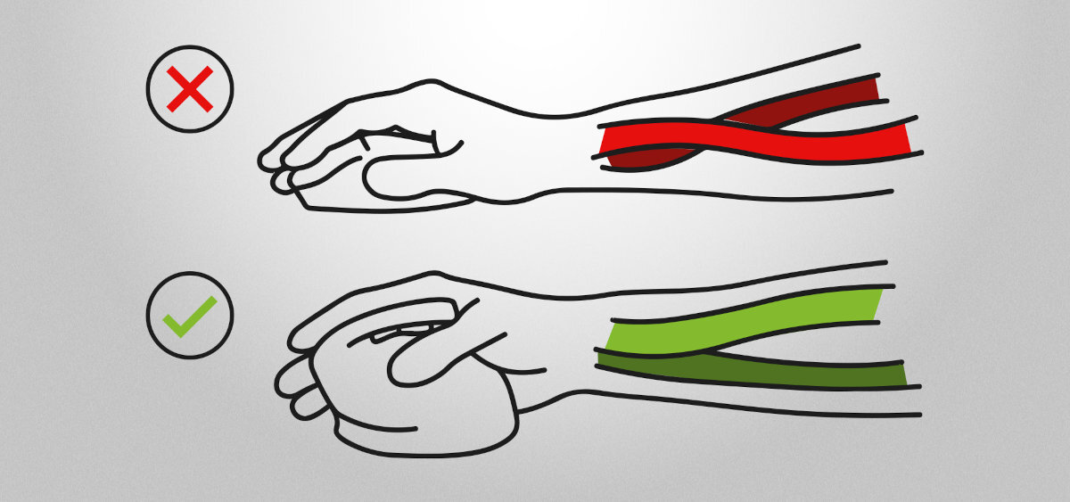 Natec Euphonie Pro Konstrukcja nachylona pod kątem 57 stopni zmniejsza nacisk na nadgarstek redukując ryzyko rozwoju zespołu cieśni nadgarstka - porównanie pozycji ręki