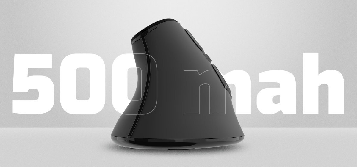 Natec Euphonie Pro baterię o pojemności 500 mAh do 30 dni pracy na jednym ładowaniu kablem USB-C ładować i jednocześnie z niego korzystać - myszka od tyłu, napis 500 mah