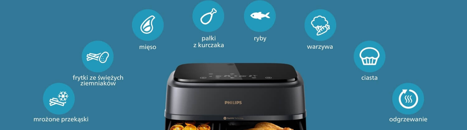 Na obrazie widoczna jest frytkownica beztłuszczowa z logo PHILIPS, a wokół niej ikony z napisami: mięso, pałki z kurczaka, ryby, warzywa, ciasta, frytki ze świeżych ziemniaków, mrożone przekąski, odgrzewanie.
