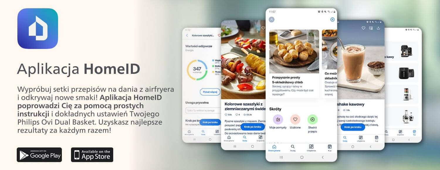 Grafika przedstawia aplikację HomeID z ikoną i tekstem: \'Wypróbuj setki przepisów na dania z airfryera i odkrywaj nowe smaki! Aplikacja HomeID poprowadzi Cię za pomocą prostych instrukcji i dokładnych ustawień Twojego Philips Ovi Dual Basket. Uzyskasz najlepsze rezultaty za każdym razem!\'. Widoczne są ekrany aplikacji z różnymi przepisami i opcjami.