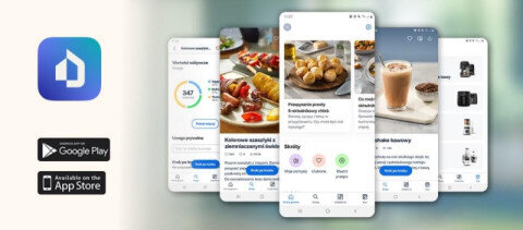 Obraz przedstawia aplikację mobilną z kilkoma ekranami, na których widoczne są różne funkcje i przepisy kulinarne. Po lewej stronie znajduje się ikona aplikacji oraz logo Google Play i App Store.