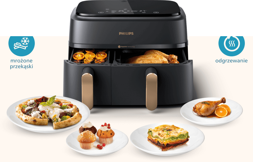 Na obrazie widoczna jest frytkownica beztłuszczowa z dwoma koszami marki PHILIPS, z przygotowanymi potrawami obok. Obok urządzenia znajdują się ikony z napisami \'mrożone przekąski\' i \'odgrzewanie\'.