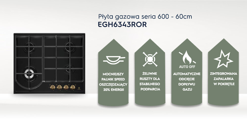 Obraz przedstawia płytę gazową z czterema palnikami i pokrętłami w dolnej części. Obok znajdują się cztery ikony z tekstem: \'Mocniejszy palnik speed oszczędzający 20% energii\', \'Żeliwne ruszty dla stabilnego podparcia\', \'Auto off automatyczne odcięcie dopływu gazu\', \'Zintegrowana zapalarka w pokrętle\'.