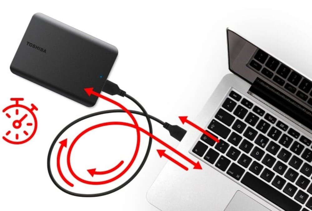 Dysk TOSHIBA Canvio Basics Exclusive Zewnętrzny dysk podłączony kablem USB do otwartego laptopa. Czerwone strzałki i ikona stopera ilustrują szybki transfer danych między urządzeniami, interfejs, złącze