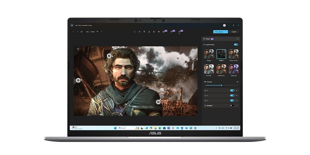 Laptop ASUS Zenbook wyświetla edytor zdjęć z funkcjami AI Copilot na dużym ekranie w jasnej aranżacji studyjnej - Certyfikat Copilot+ PC
