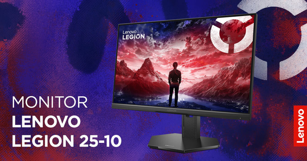 Monitor LENOVO Legion 25-10 24.5 cala 1920x1080px IPS 320Hz 0.5 [MPRT] prezentacja monitora na fioletowym tle z gradientem napis z modelem monitora