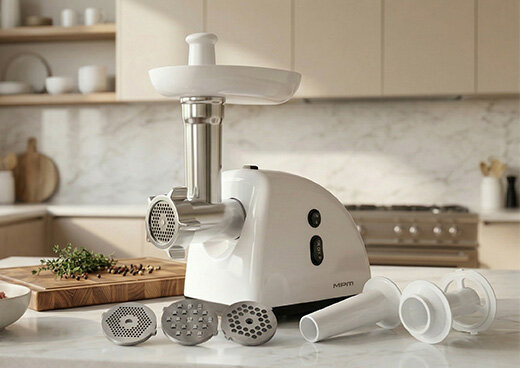 Na blacie kuchennym leży Maszynka do mielenia mięsa MMM-05, a przed nią wymienne nasadki i sitka.