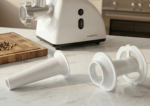 Na blacie leżą dwie białe nasadki do maszynki do mielenia mięsa MMM-05, w tle widać urządzenie i deskę z przyprawami.
