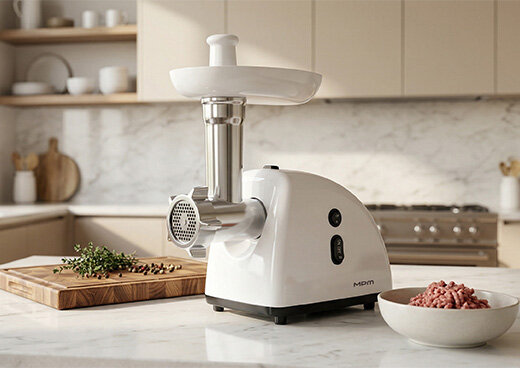 Maszynka do mielenia mięsa MMM-05 na blacie, obok miska z mielonym mięsem i deska z przyprawami.