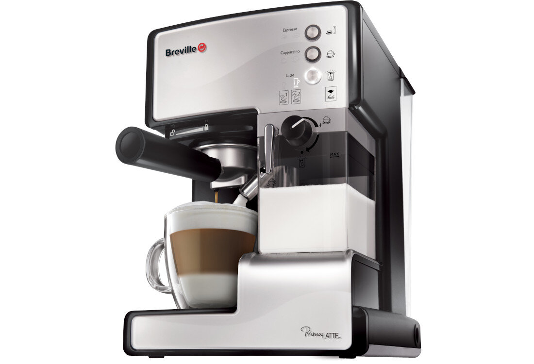 Ekspres BREVILLE Prima Latte VCF045X Srebrny wbudowany automatyczny spieniacz mleka ciśnienie upodobania cappuccino latte