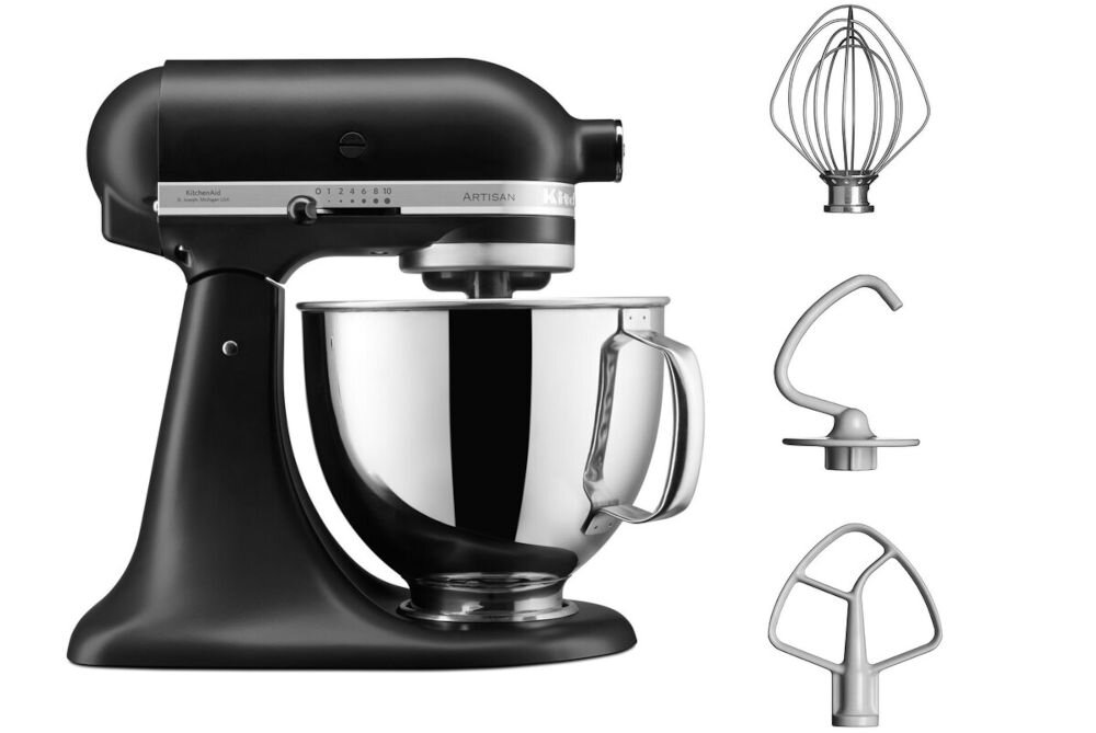 Robot kuchenny planetarny KITCHENAID Artisan 5KSM125EBM 300W 275W misa trzepaczka mieszadło hak do wyrabiania ciasta dokumentacja białe tło