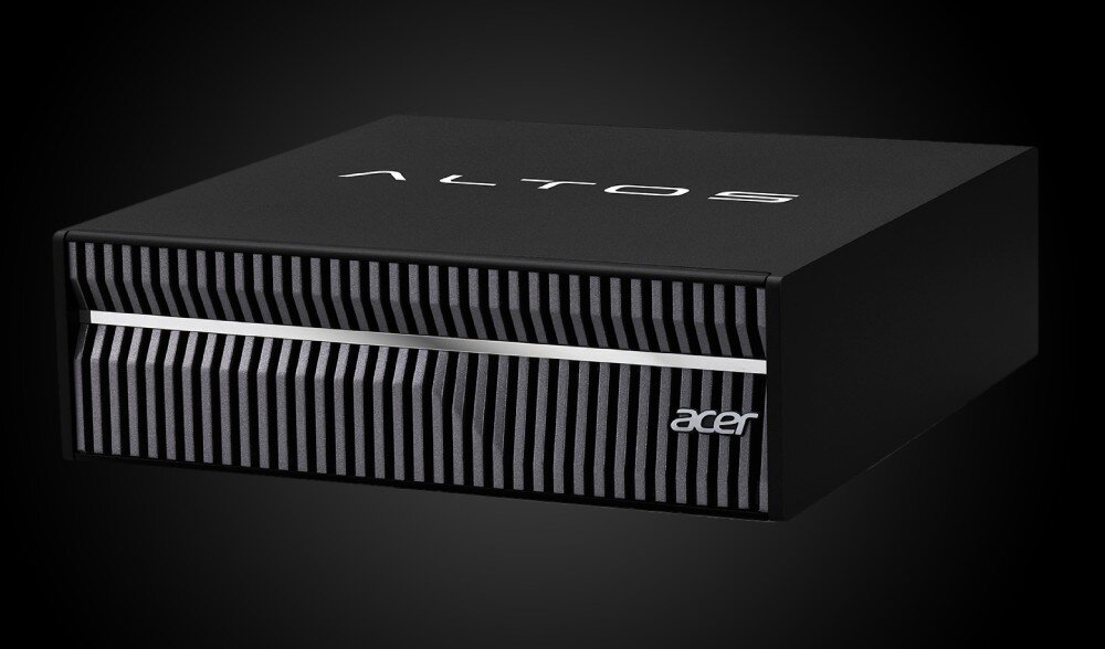 Komputer ACER Atlos BrainSphere Perspektywiczne ujęcie czarnej obudowy komputera z napisem Altos na górnej pokrywie i srebrnym logo Acer na pasiastym froncie, zaprezentowane na czarnym tle, technologia, pamięć RAM, dysk