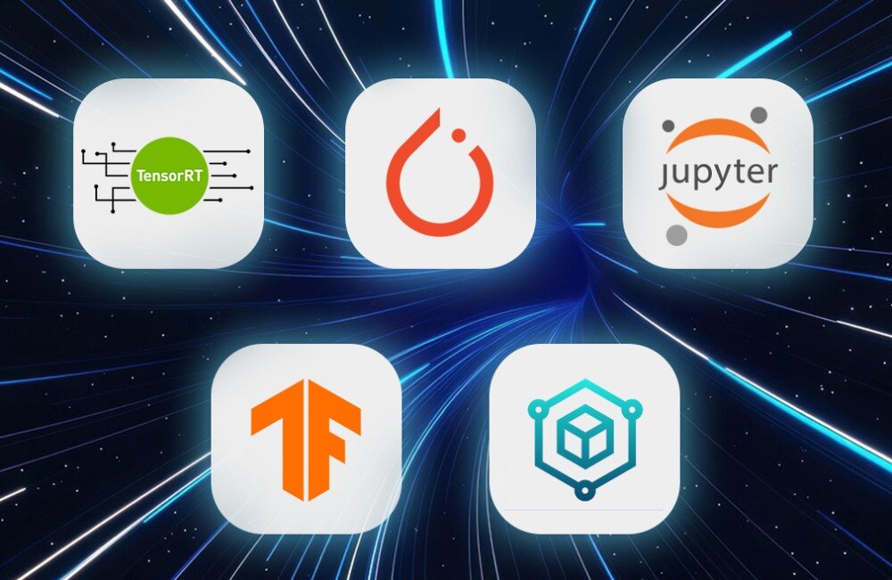 Komputer ACER Atlos BrainSphere Zestaw ikon popularnych narzędzi i bibliotek programistycznych takich jak TensorRT, PyTorch, Jupyter, TensorFlow oraz Docker na tle dynamicznych linii światła w przestrzeni kosmicznej, zastosowanie, przeznaczenie