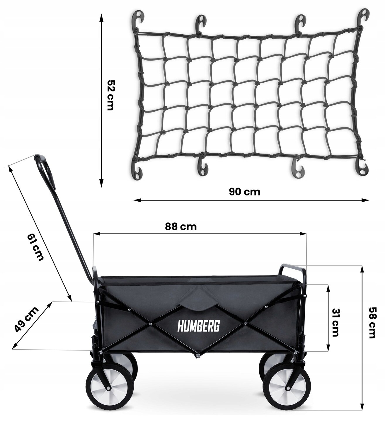 Na obrazie znajduje się czarny wózek ogrodowy z logo \'HUMBERG\' oraz siatka zabezpieczająca z wymiarami 90 cm na 52 cm. Wymiary wózka to 88 cm długości, 58 cm wysokości, 31 cm szerokości, a długość rączki wynosi 61 cm.
