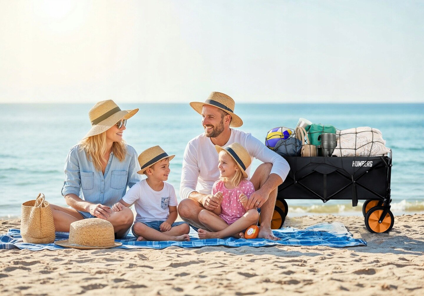Na plaży znajduje się rodzina siedząca na kocu, obok której stoi wózek ogrodowy z napisem \'HUMBERG\' wypełniony różnymi przedmiotami, w tym piłką i kocem. W tle widać morze i jasne niebo.