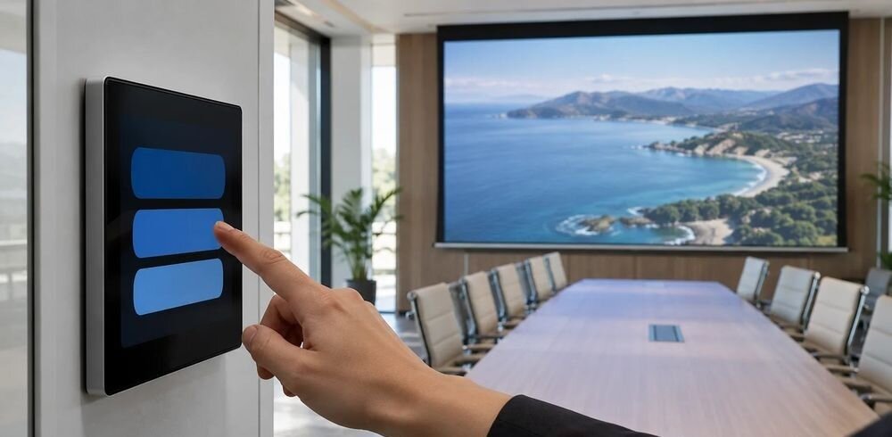 Projektor ACER Vero SL2520N Full HD, dwa HDMI 2.0, sterowanie LAN, Crestron PJLink AMX, Sala konferencyjna z panelem sterowania na ścianie i obrazem na ekranie