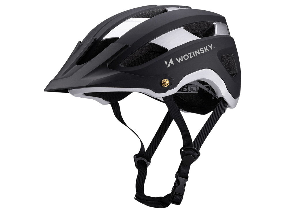 Czarno-srebrny kask rowerowy z logo \'WOZINSKY\' na boku. Posiada regulowane paski i otwory wentylacyjne.