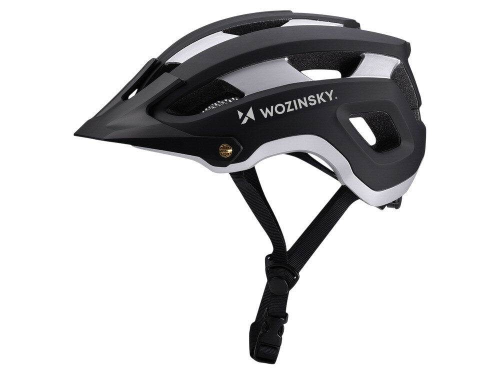 Czarno-srebrny kask rowerowy z napisem \'WOZINSKY\' na boku. Kask posiada otwory wentylacyjne i regulowany pasek pod brodą.
